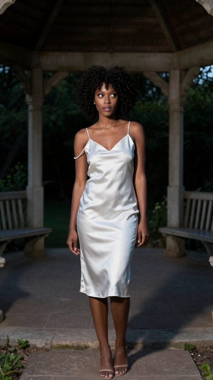 Fictional adult Black woman with natural curls, age 33, white satin slip dress, playful over-the-shoulder glance,