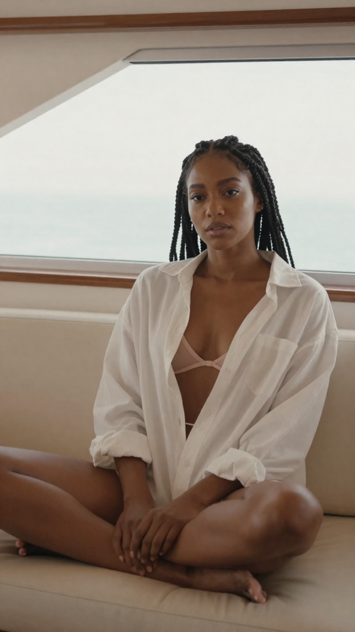 Fictional adult woman with deep brown skin and braids, age 32, open oversized shirt over lingerie,