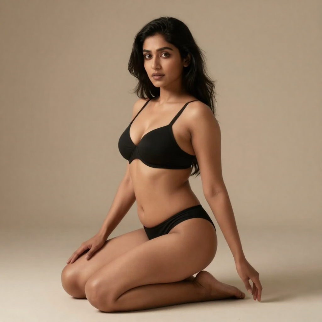 Fictional adult South Asian woman with glossy black hair, age 29, simple black lingerie, graceful kneeling