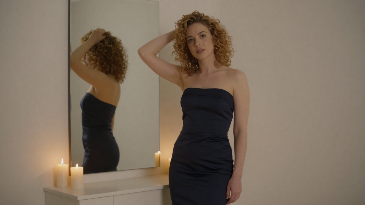 Fictional adult woman with honey-blonde curls, age 27, strapless evening dress, one hand lifting her hair,