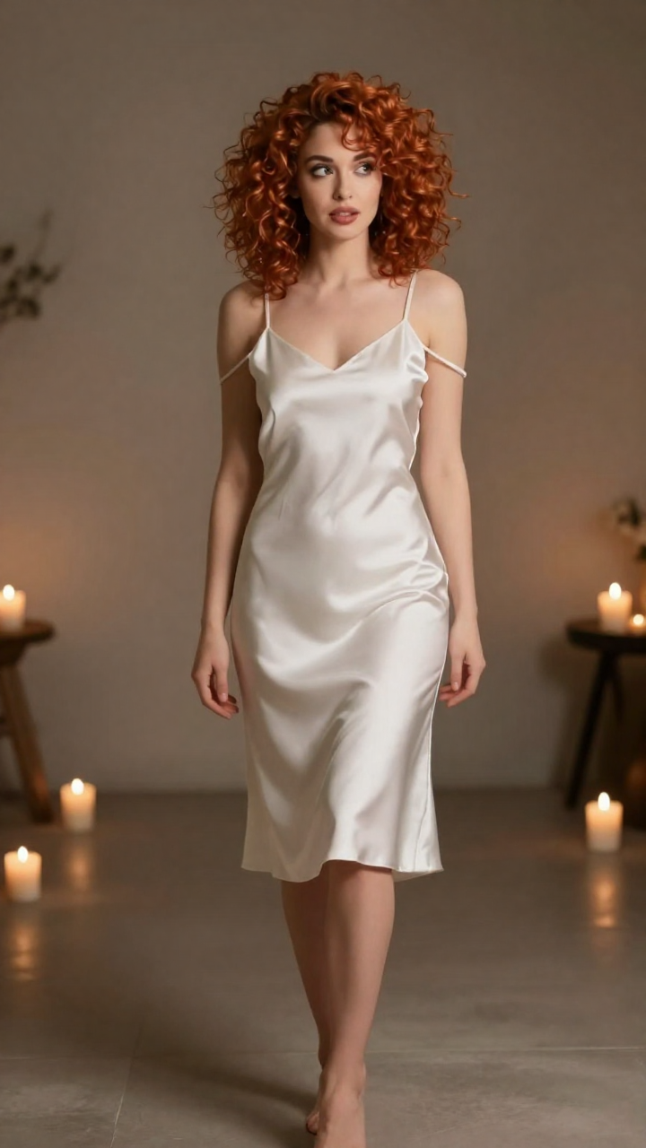 Fictional adult woman with copper curls, age 27, white satin slip dress, playful over-the-shoulder glance, candlelit
