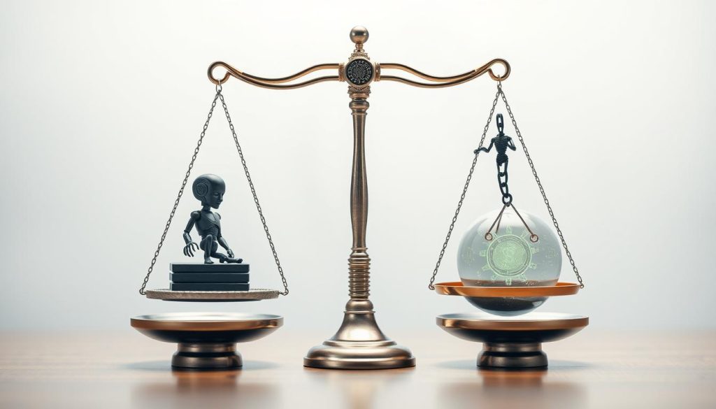 Balanced scales representing ethical AI use and technological innovation