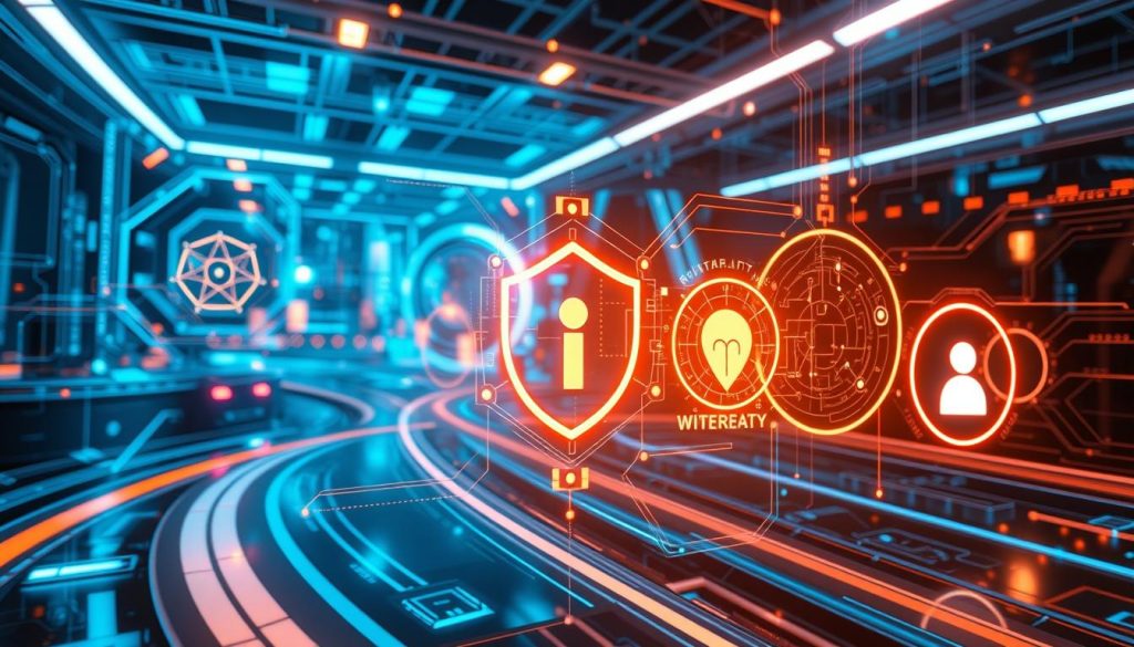 Futuristic visualization of AI development with ethical guardrails