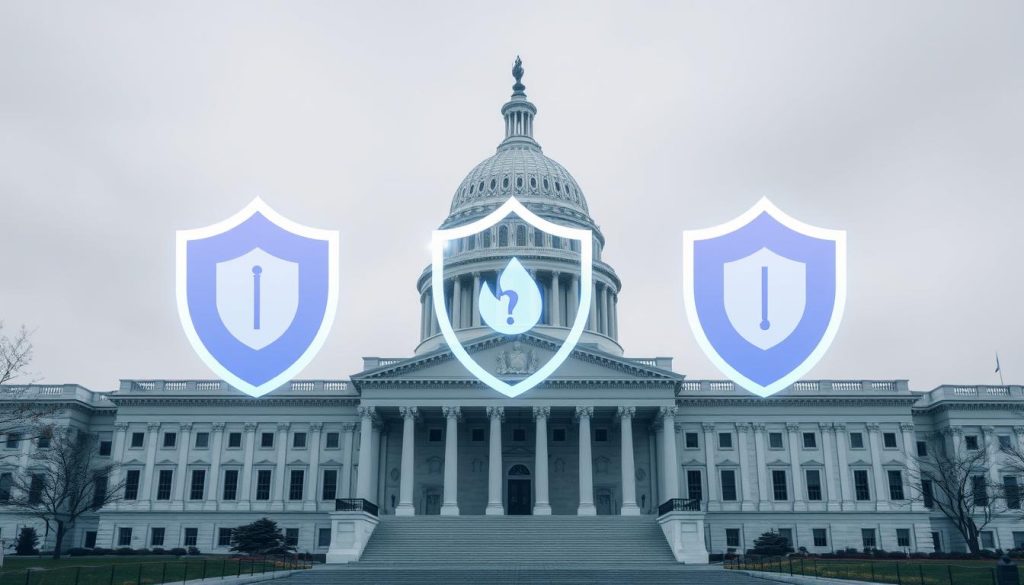 Government building with digital protection symbols, representing legislative efforts