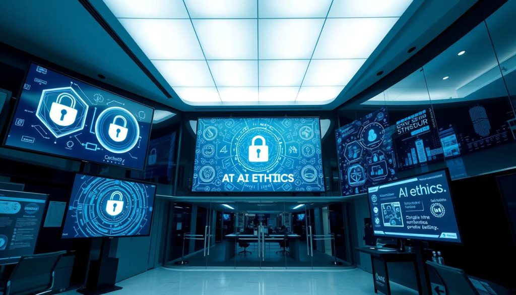 Tech company headquarters with digital security symbols