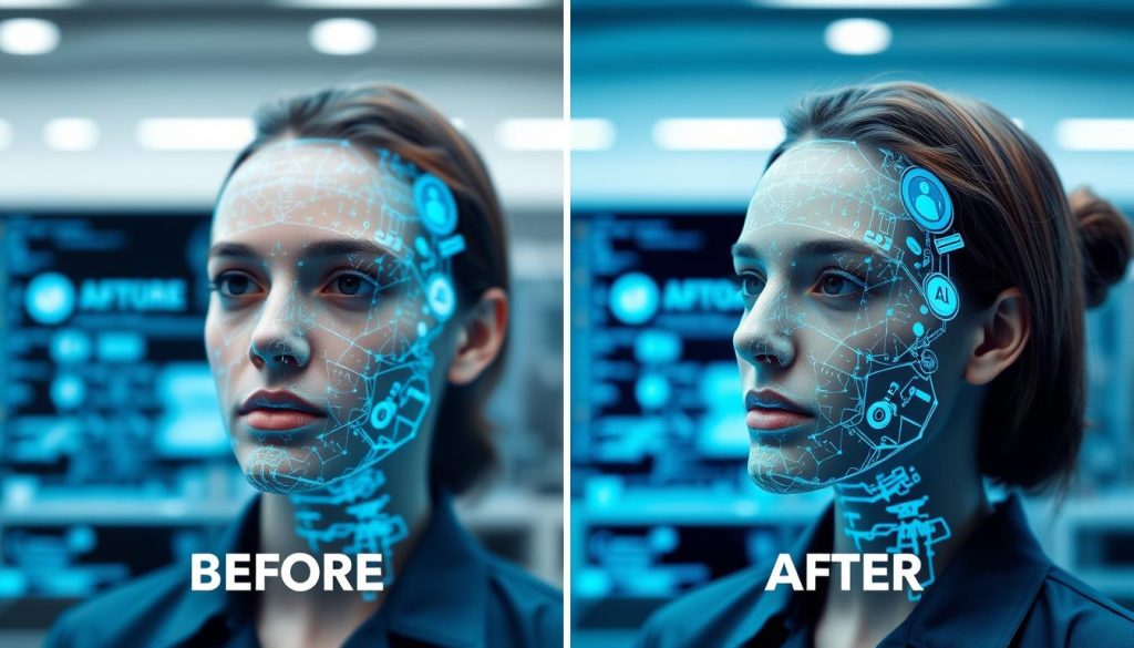 Technical demonstration of AI cum facial technology showing before and after comparison