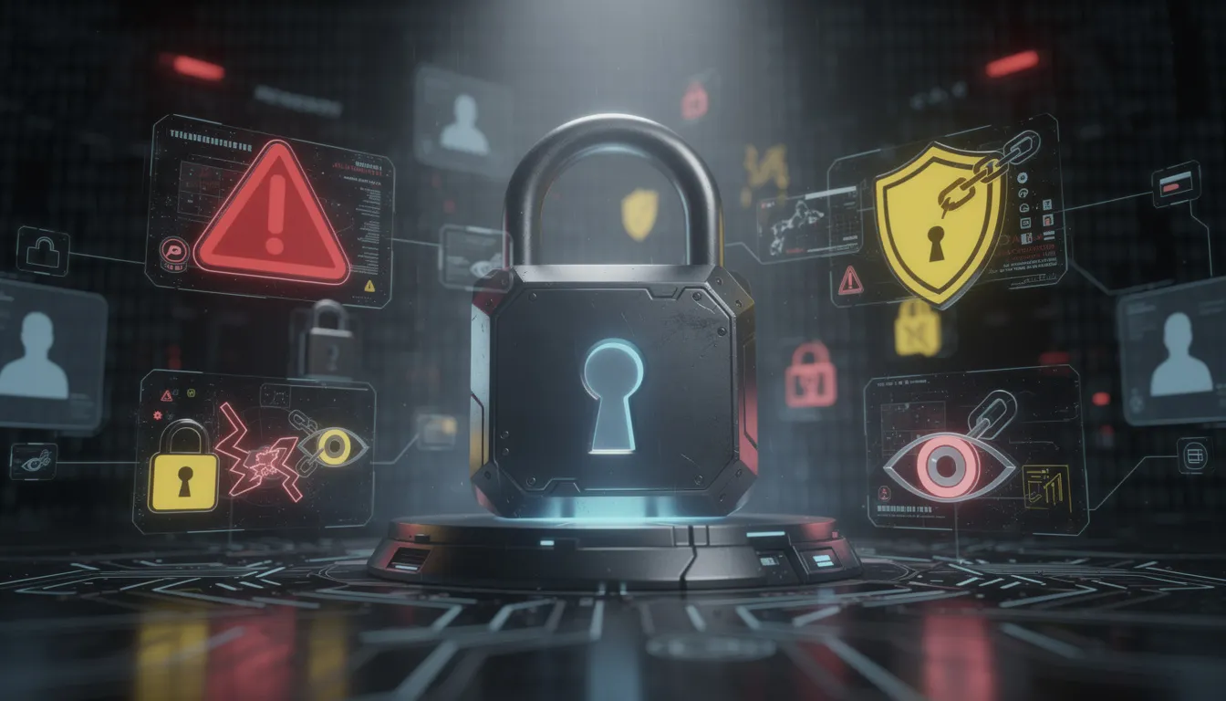 The image features a digital security lock surrounded by various warning symbols that highlight online privacy concerns, emphasizing the importance of protecting personal data in a world increasingly influenced by artificial intelligence and digital tools. This representation serves as a reminder of the potential risks associated with technologies like AI, particularly in relation to user consent and the misuse of images.