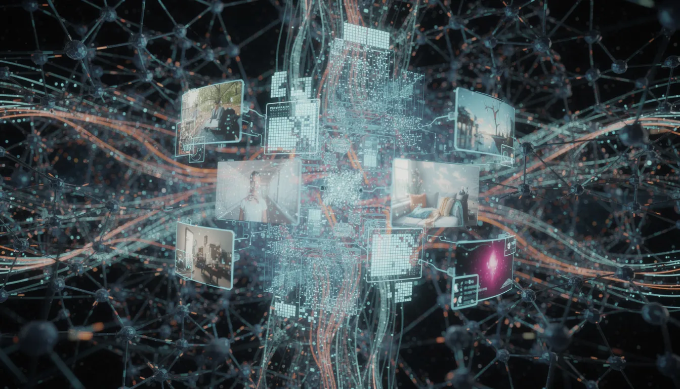 The image depicts an advanced AI neural network visualization, showcasing interconnected nodes that process image data, illustrating the complexity of artificial intelligence technology. This representation highlights the capabilities of AI tools, such as those used in creating and customizing images, while emphasizing the importance of control and security in the use of such technologies.